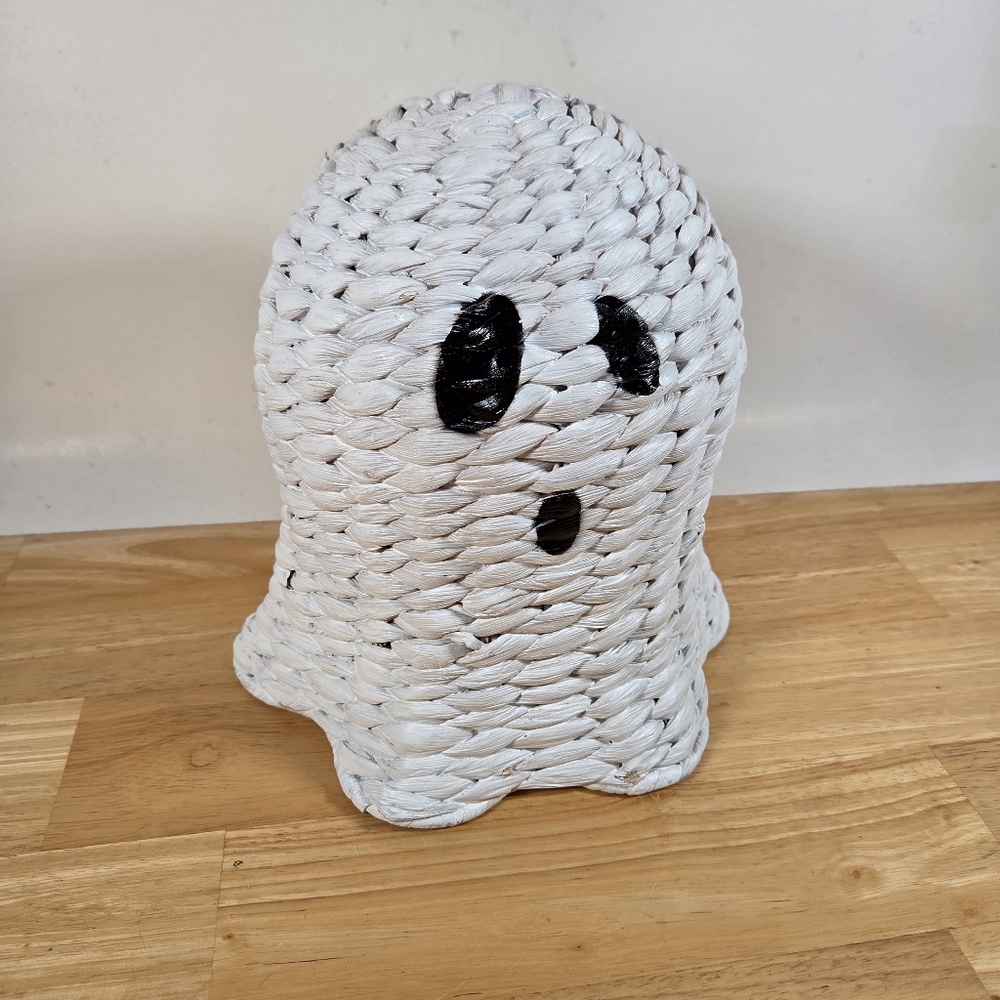 Woven Ghost Figurine - White and Black Wicker Basket Halloween Decoration
